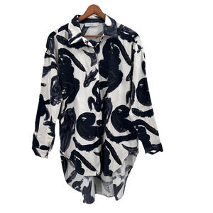 Intuition Paris Lagenlook Artsy Shark Print Hi-Low Button Down Shirt Womens